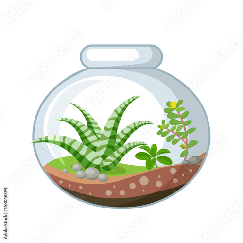 Vector illustration, Cute terrarium in a glass jar, isolated on white background.