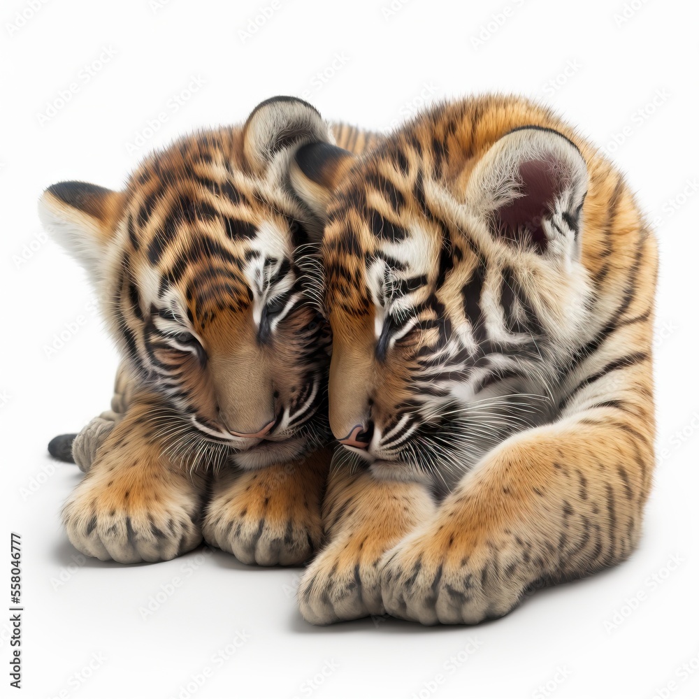 Fototapeta premium two baby tiger cubs cuddle together on a white background in front of a white background with a white background and a black and white background with a white background Generative AI