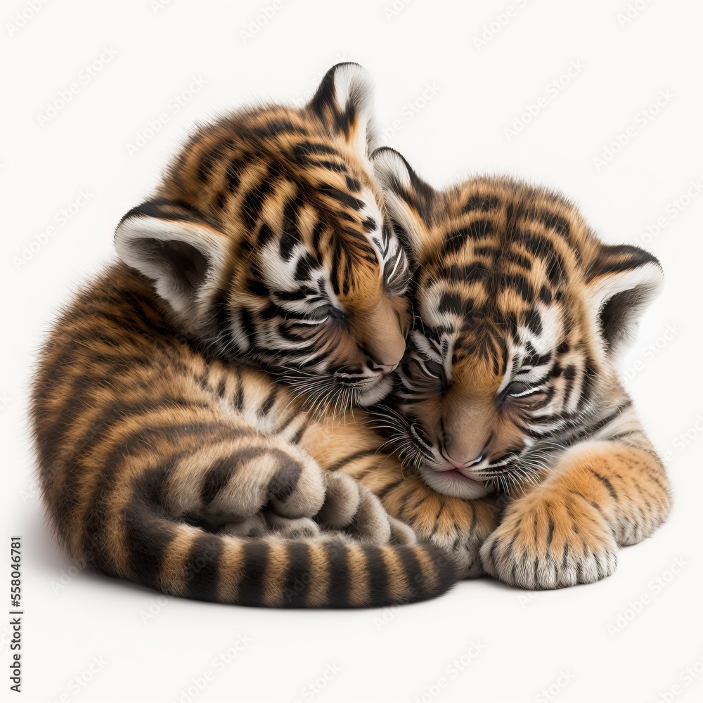 two baby tiger cubs cuddle together on a white background in this