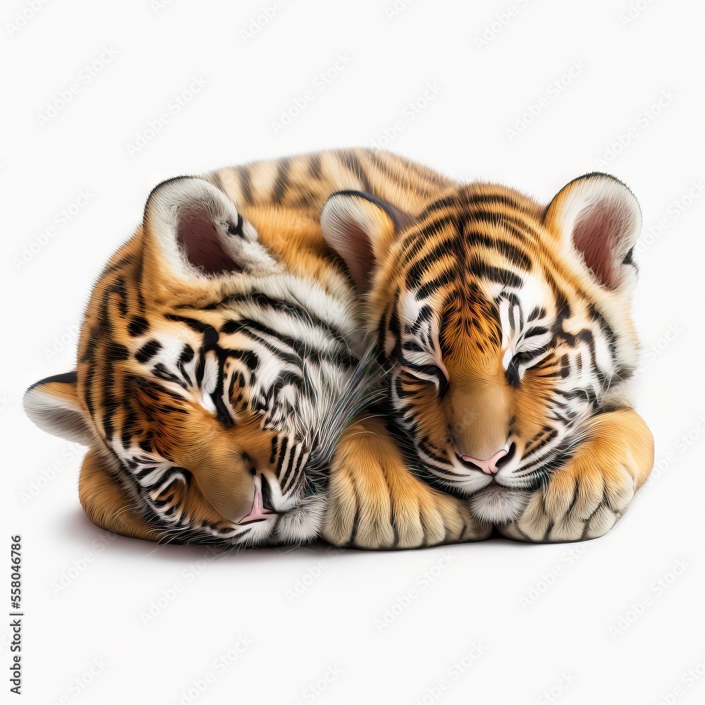 Fototapeta premium a couple of tigers laying next to each other on top of a white surface with their eyes closed and their heads together, with one laying down on the other e Generative AI