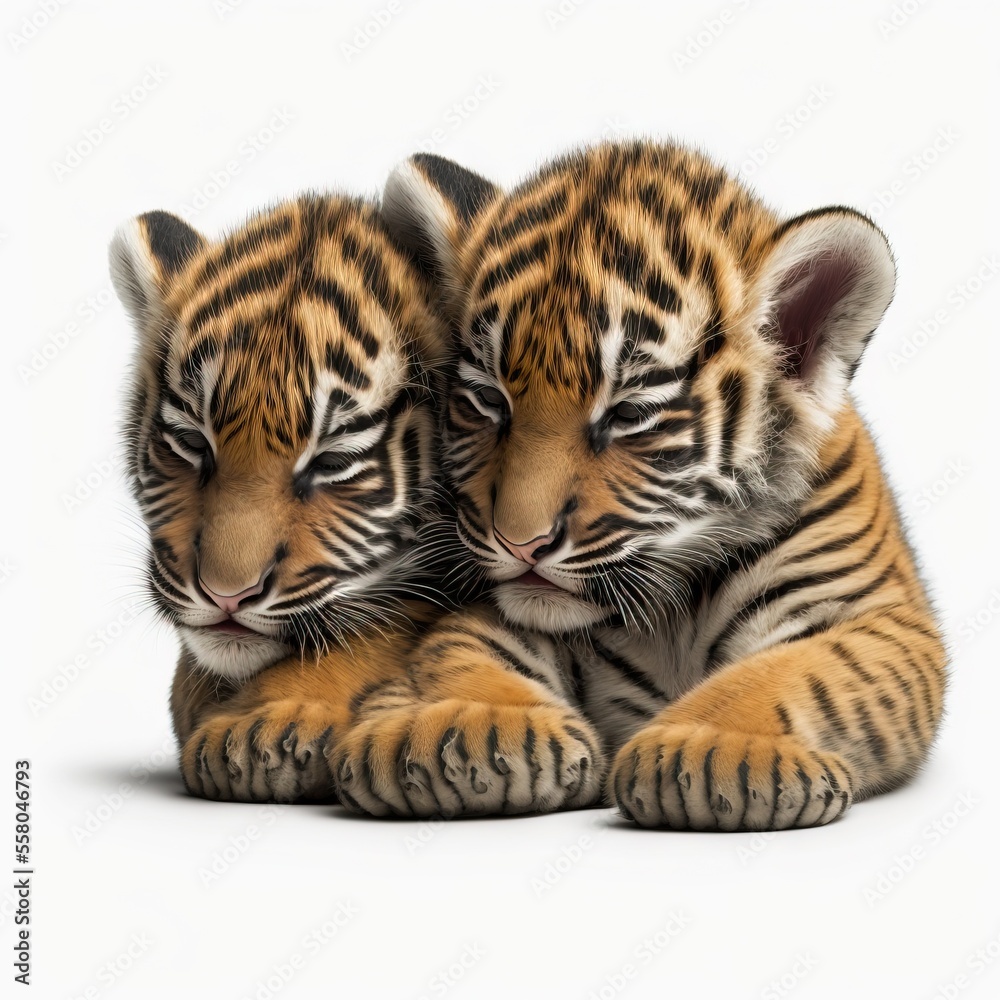Fototapeta premium two baby tiger cubs cuddle together on a white background in front of a white background with a white background and a black and white background with a black border with Generative AI