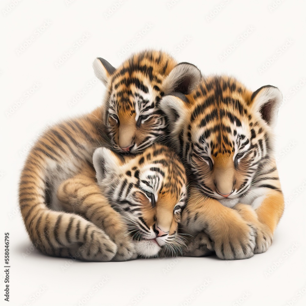Fototapeta premium two baby tiger cubs cuddle together on a white background in this image is a white background with a white background and a white background with a white background wit Generative AI