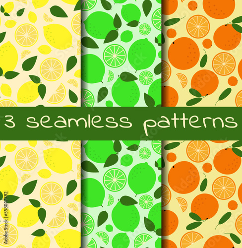 A collection of vector seamless patterns. Lemon, orange, lime.