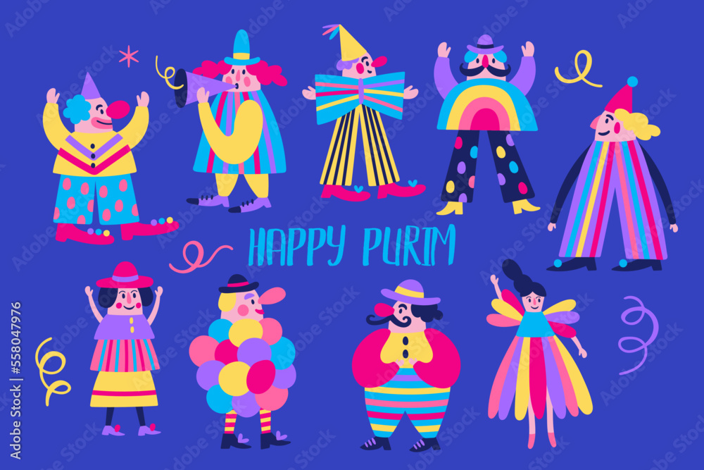 Obraz premium Purim holiday cute carnival clown set. Childish print for greeting cards, posters, invitations and stickers.