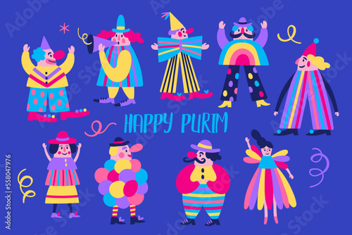Purim holiday cute carnival clown set. Childish print for greeting cards, posters, invitations and stickers.