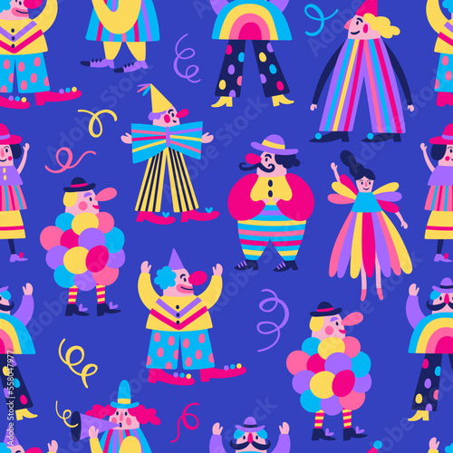 Seamless pattern for Purim holiday with cute carnival clowns. Childish print for greeting cards, posters, invitations and backgrounds.