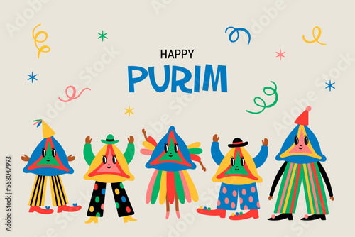 Purim holiday cute hamantaschen cookies character set. Childish print for greeting cards, posters, invitations and stickers.