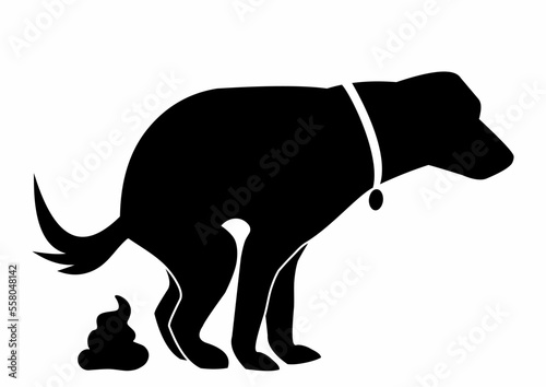 Pooping dog, excrement, black silhouette, vector illustration on white background, caution sign