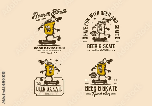 mascot illustration of a beer can skateboarding