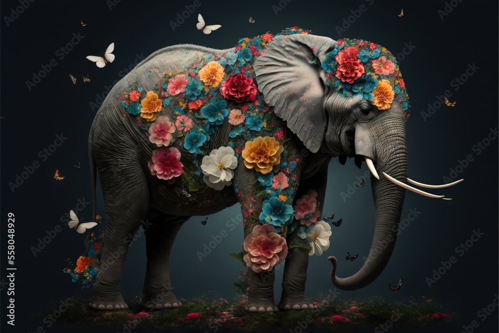 an elephant with flowers and butterflies on its trunk and tusks on its ...