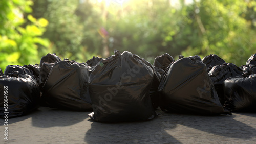 Group of Black Plastic Garbage bags trash on the ground with Nature forest background. 3D Render