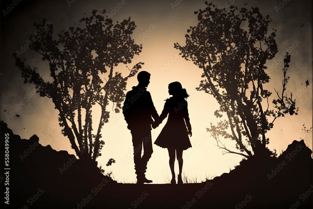 silhouette of a couple walking in the park holding hands (generative ai)