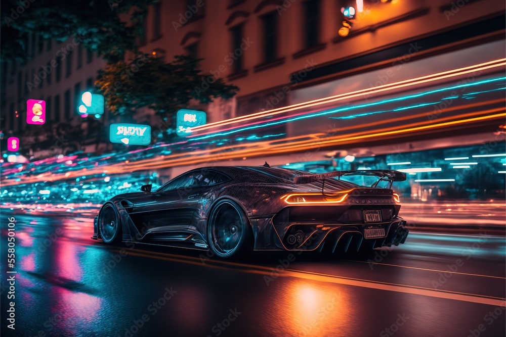 a black sports car driving down a city street at night with a blurry ...