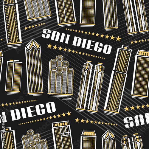 Vector San Diego Seamless Pattern, repeat background with illustration of famous american city scape on dark background for wrapping paper, decorative line art urban poster with white text san diego
