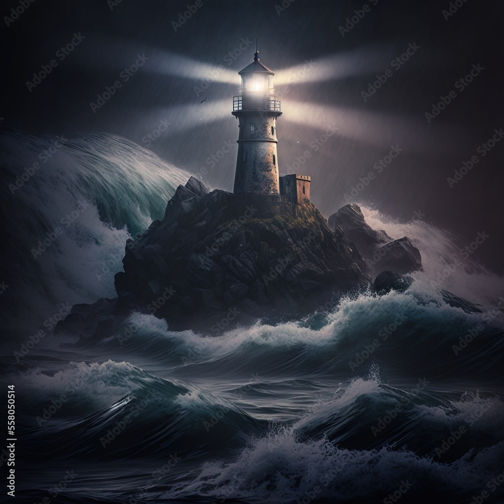 a painting of a lighthouse in the middle of the ocean with waves ...