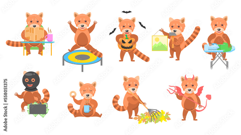 Naklejka premium Big Set Abstract Collection Flat Cartoon Different Animal Red Pandas Vector Design Style Elements Fauna Wild