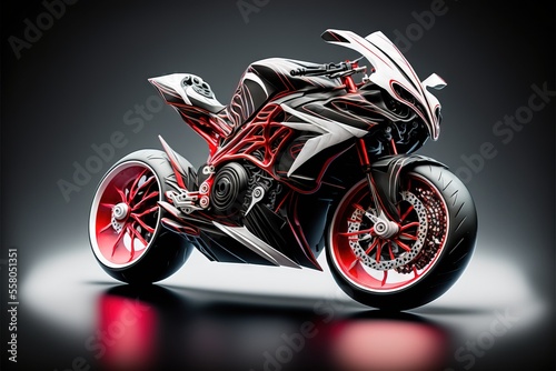  a futuristic motorcycle is shown on a reflective surface with a red and black design on the front wheel and the front tire and the front tire rims of the bike  Generative AI photo