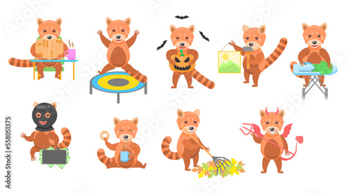 Big Set Abstract Collection Flat Cartoon Different Animal Red Pandas Vector Design Style Elements Fauna Wild