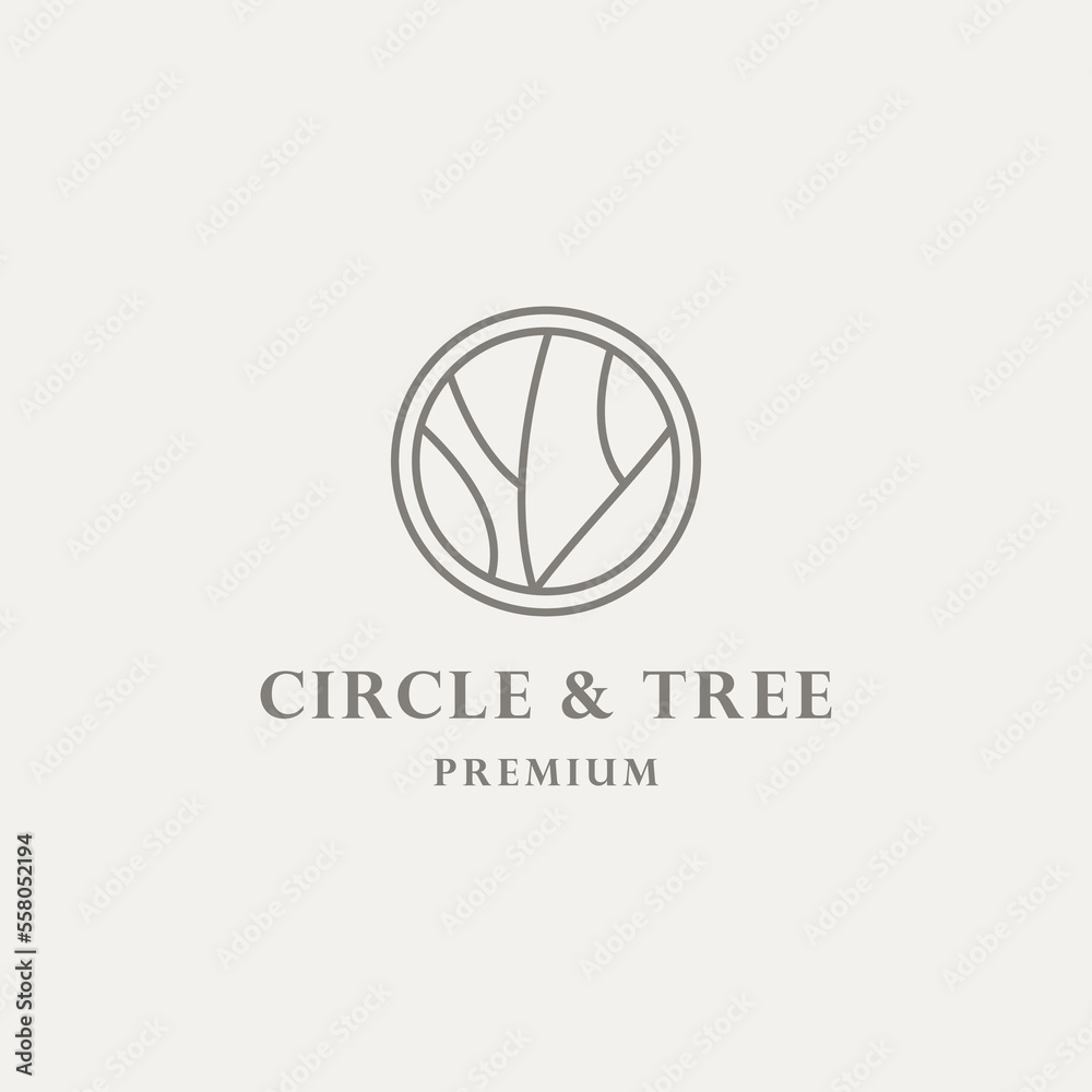 Circle tree logo icon template design. Round garden plant natural line symbol.