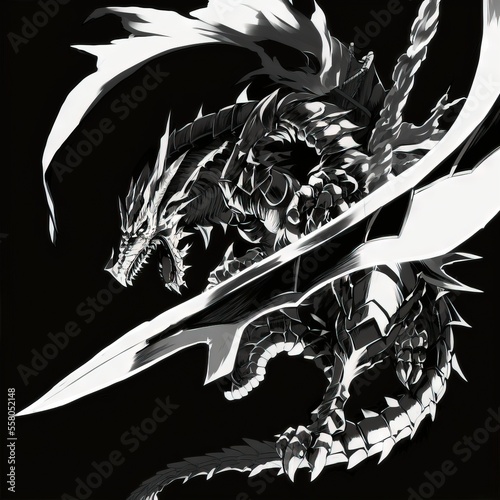 Fototapeta a black and white image of a dragon with a sword in its mouth and a sword in its mouth, with sharp sharp sharp teeth and sharp sharp sharp blades in the foreground, on a black background