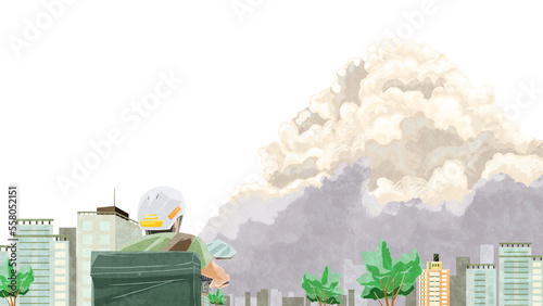 入道雲のある都会の風景手描き水彩風イラスト