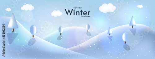 Winter season horizontal vector illustration. 3d style. Hills with trees. Blizzard, snowfall. Greeting card.