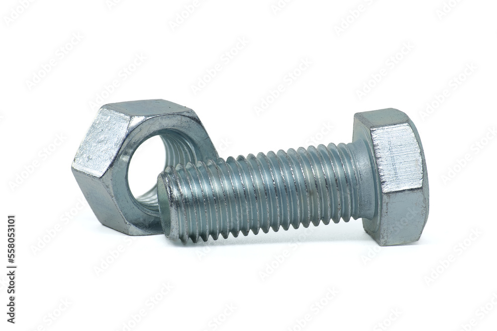 Full thread hexagon bolt and nut isolated on white Full thread hexagon bolt and nut isolated on white