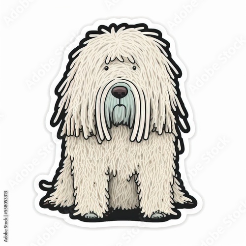  a sticker of a shaggy white dog with a sad look on its face, sitting on a white surface, with a black outline of the dog's head and tail, with a. Generative AI photo