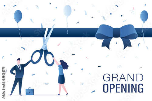 Ribbon cutting ceremony, entrepreneurs uses giant scissors. Business people starting business project, launching new product, grand opening event. Startup launching. Horizontal banner.