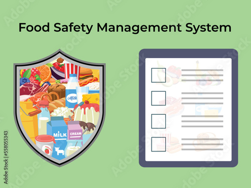 Food safety management system document and safety of eating foods document. Food safety management system with shield icon and food management policy document. All types of food with hygienic meals.