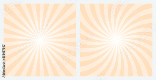 Yellow sunburst background set. Bisque brown retro style radial and spiral sunbeam rays background, pattern, wallpaper. Vector Illustrations.