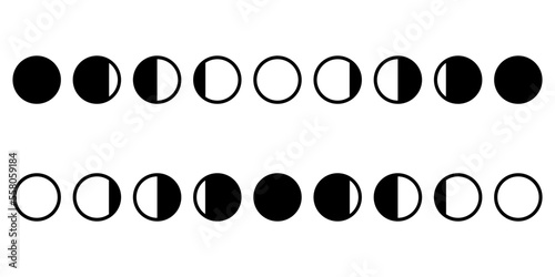 Moon different phases or lunar phase waxing and waning on white background flat vector black icon design.