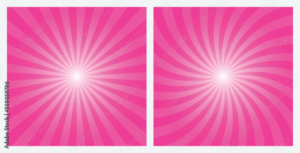 Pink sunburst background set. Deep pink retro style radial and spiral sunbeam rays background, pattern, wallpaper. Vector Illustrations.