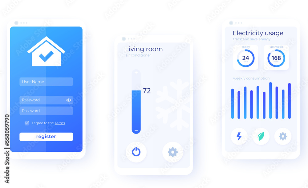 Smart house app mobile ui kit, smart home application design Smart house app mobile ui kit, smart home application design