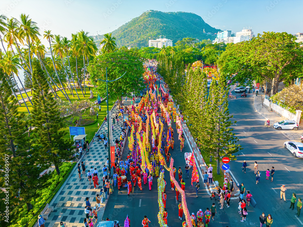 Top view of dragon dance perform celebration new year. Group of people ...