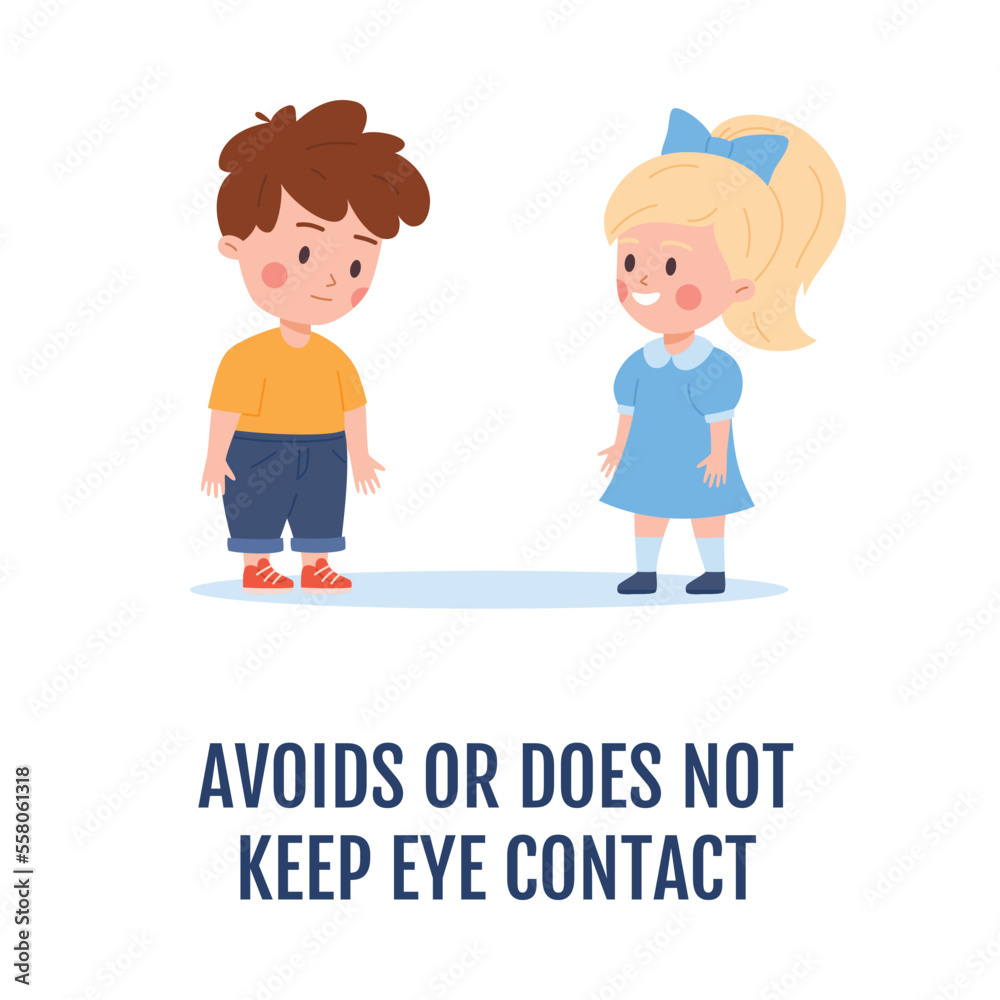 Child with autism avoiding eye contact, flat vector illustration isolated.