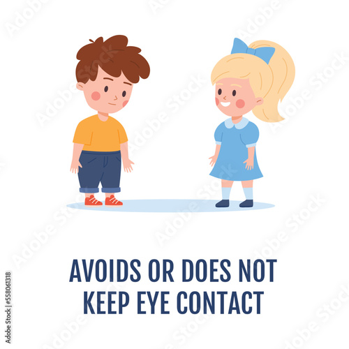 Child with autism avoiding eye contact, flat vector illustration isolated.