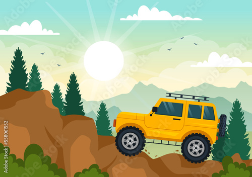 Off Road Illustration with a Jeep Car or SUV to Pass Through Rocky Terrain, Rivers and Sand in Flat Extreme Sport Cartoon Hand Drawn Templates
