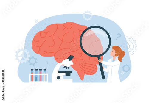 Woman scientist with huge magnifying glass researching human brain flat style