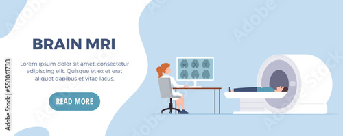 MRI exam procedure in clinic banner or flyer flat cartoon vector illustration.