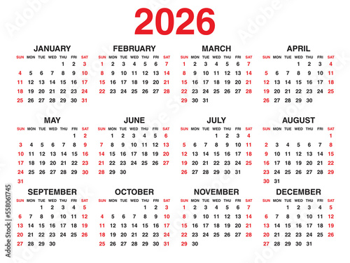 Calendar 2026 year vector illustration, Set of 12 calendar, week starts on Sunday, Simple planner template, desk calendar 2026 year, wall calendar 2026 template, print media, corporate template