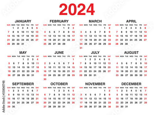 Calendar 2024 year vector illustration, Set of 12 calendar, week starts on Sunday, Simple planner template, desk calendar 2024 year, wall calendar 2024 template, print media, corporate template