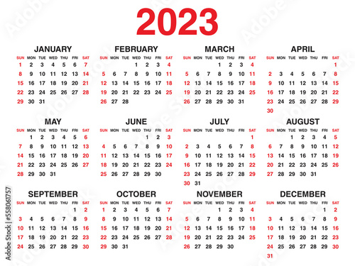 Calendar 2023 year vector illustration, Set of 12 calendar, week starts on Sunday, Simple planner template, desk calendar 2023 year, wall calendar 2023 template, print media, corporate template
