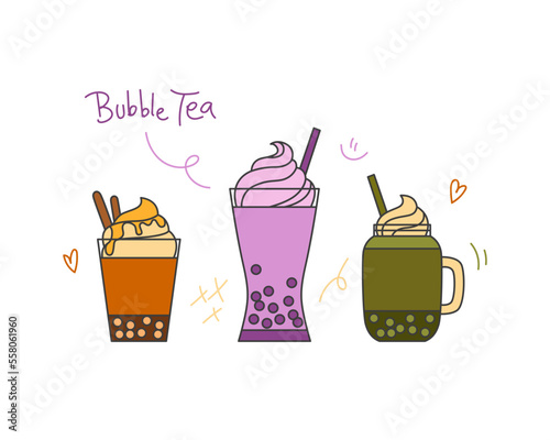A set of three different Bubble teas. Milk tea with tapioca pearls and toppings. Vector illustration of Asian drinks isolated on white background. Hand drawings for the cafe menu, logo or stickers.