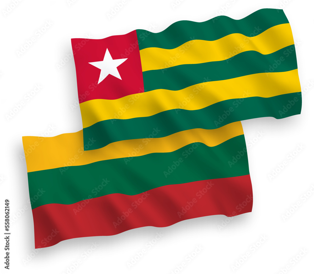 National vector fabric wave flags of Lithuania and Togolese Republic isolated on white background. 1 to 2 proportion. National vector fabric wave flags of Lithuania and Togolese Republic isolated on white background. 1 to 2 proportion.