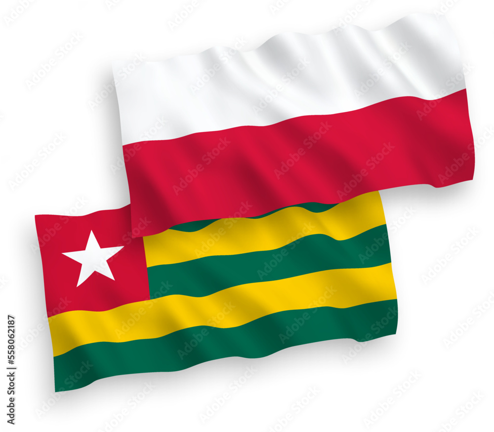 Naklejka premium National vector fabric wave flags of Togolese Republic and Poland isolated on white background. 1 to 2 proportion.
