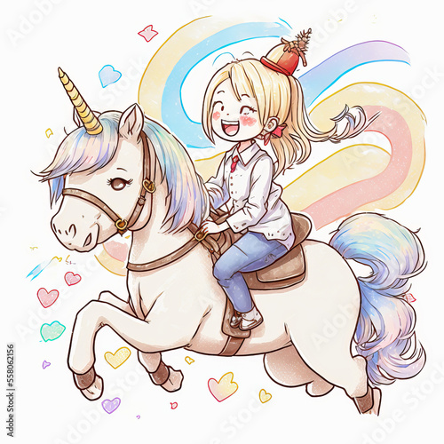 Cute little blonde girl rides a magical unicorn and illustrates together a fantastic and exceptional bond. Simple and naive image created on a white background for perfect emotions and graphic uses.