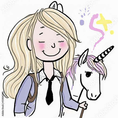 Blonde child next to a mythical unicorn  ideal to represent a magical and incredible friendship. Simple and soft illustration on white background.