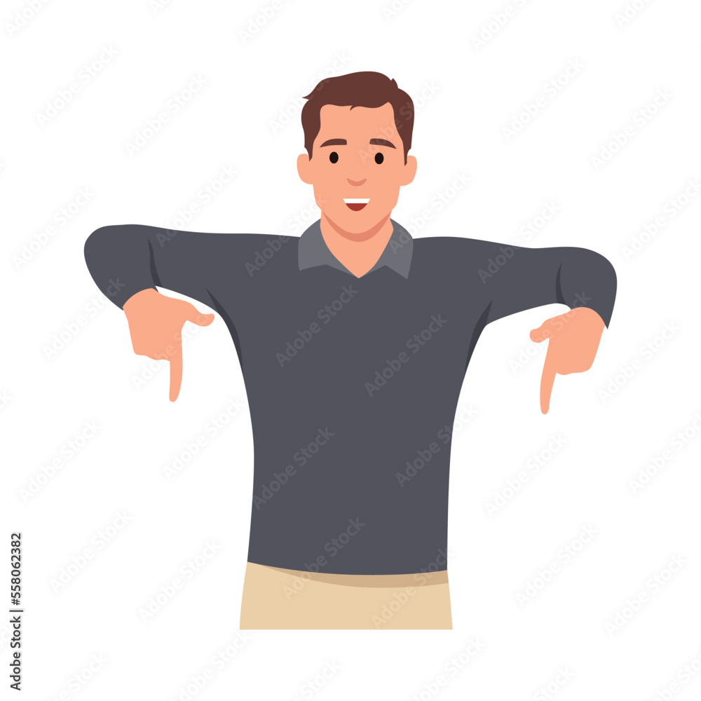 Young man standing behind the white blank banner and pointing down at a copy space. Flat vector illustration isolated on white background