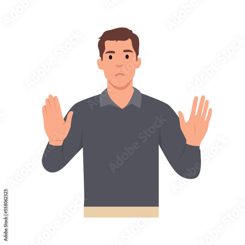 Young man cartoon character making stop with his hands. Say No . Flat vector illustration isolated on white background